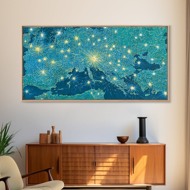 Blue Illuminated World Map Wall Art, Midcentury Modern Travel Print, Global Lights Poster For Office And Living Room Decor