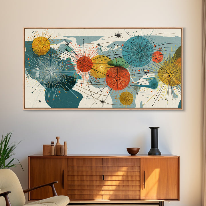 Abstract World Map Starburst Canvas Print, Midcentury Modern Geometric Wall Art, Retro Global Network Decor For Office Or Home