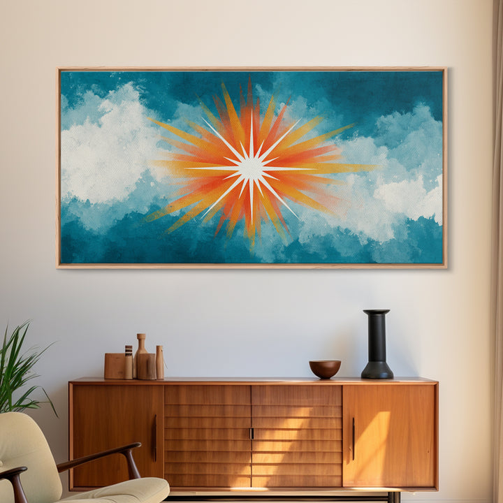 Teal Cloud Sunrise Starburst Canvas Print, Midcentury Modern Nature Wall Art, Retro Sun Poster, Colorful Scenic MCM Decor