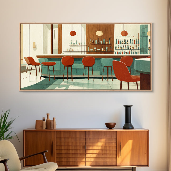 Retro Cocktail Bar With Red Chairs And Teal Cabinets, Mid Century Modern Wall Art, MCM Lounge Decor, Canvas Style Print Gift