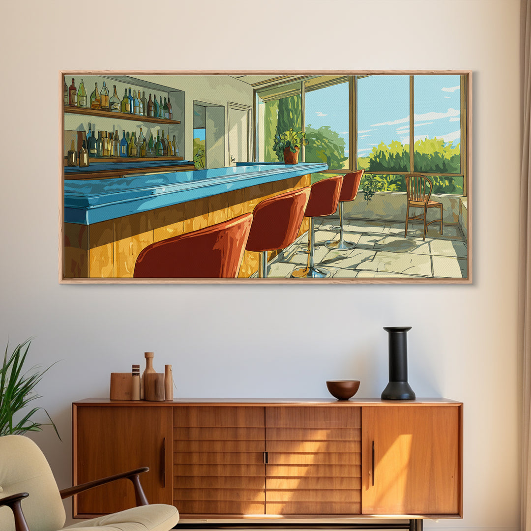 Sunlit Patio Cocktail Bar With Blue Counter And Red Stools, Mid Century Modern Wall Art, Retro Lounge Decor, Scenic Bar Print