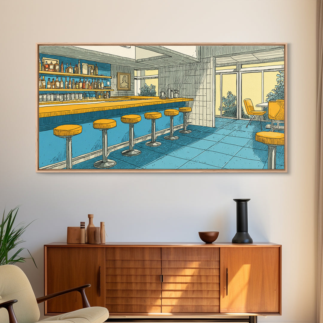 Retro Blue And Yellow Hotel Bar With Round Stools, Mid Century Modern Wall Art, MCM Lounge Decor, Diner Interior Print Poster