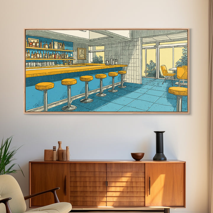 Retro Blue And Yellow Hotel Bar With Round Stools, Mid Century Modern Wall Art, MCM Lounge Decor, Diner Interior Print Poster