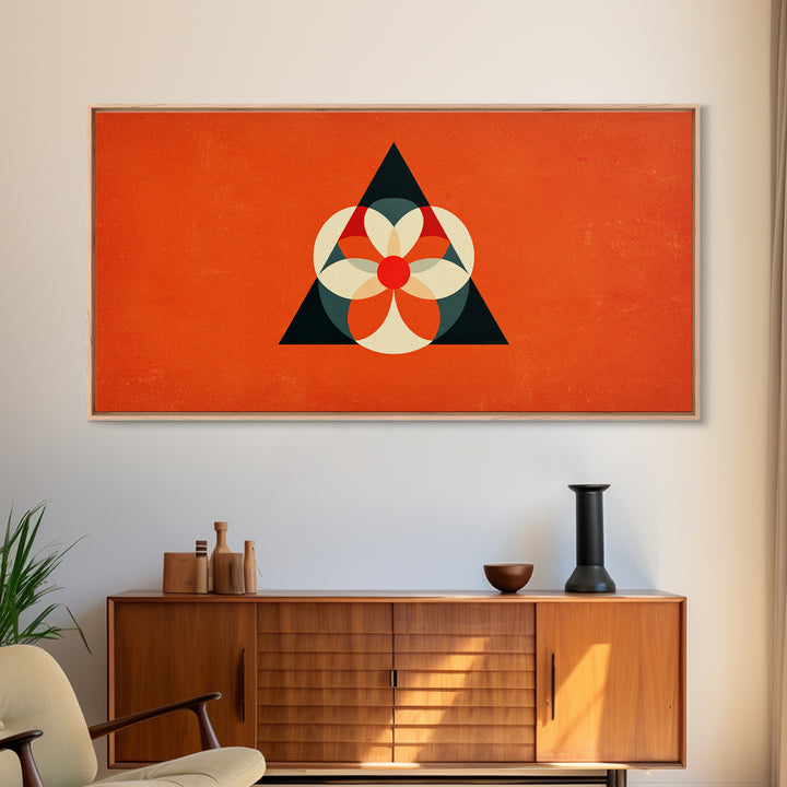Orange Geometric Flower In Black Triangle, Mid Century Modern Canvas Print, Atomic Bauhaus Wall Decor, Abstract MCM Poster