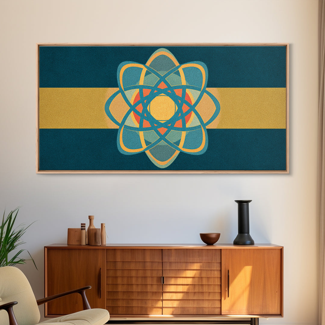 Teal And Gold Atomic Orbit Abstract, Mid Century Modern Wall Art, Retro Science Decor, Geometric MCM Canvas Print Poster