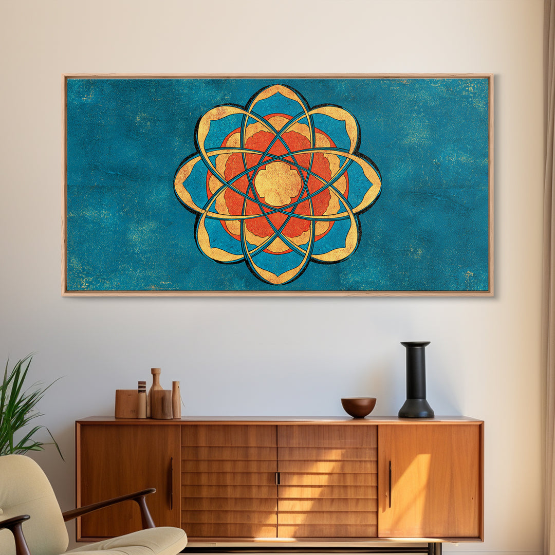 Teal And Orange Atomic Flower Mandala, Mid Century Modern Wall Art, Geometric Abstract Decor, Retro MCM Canvas Print Poster