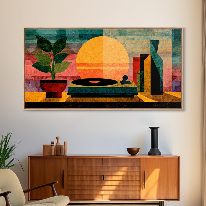 Sunset Turntable Still Life With Plant And Bottles, Mid Century Modern Wall Art, Vinyl Record Decor, Retro Music Canvas Print