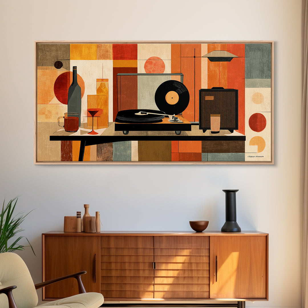 Midcentury Record Player Still Life With Bottle And Radio, Framed Canvas Print, MCM Wall Art, Retro Music Home Decor Poster
