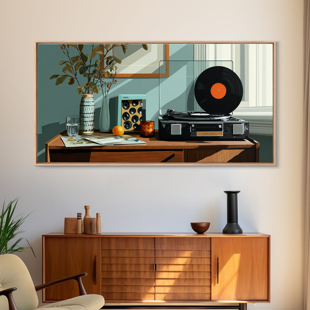 Modern Record Player And Plant Framed Canvas Print, Mid Century Modern Wall Art, Retro Vinyl Decor For Office Or Music Room