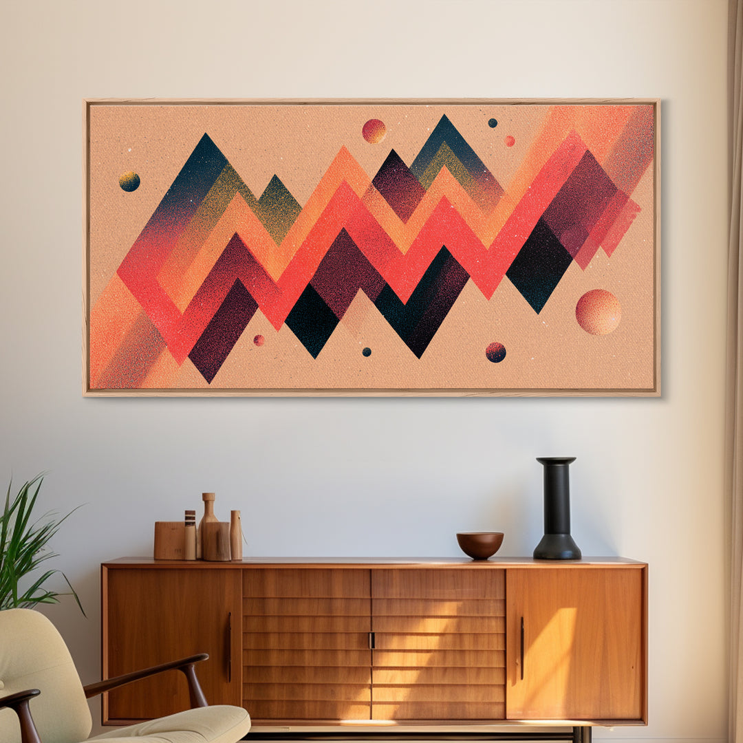 Coral Zigzag Mountain Abstract Wall Art, Mid Century Modern Geometric Poster, Retro Space Decor, Orange Teal Print For Living Room