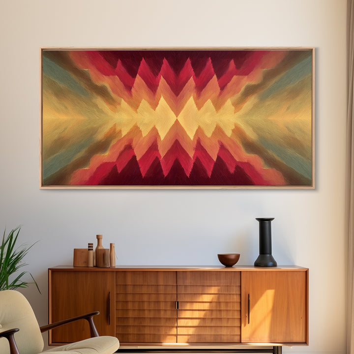 Radiant Chevron Sunset Abstract Canvas Print, Mid Century Modern Wall Art, Warm Red Gold Geometric Decor For Living Room
