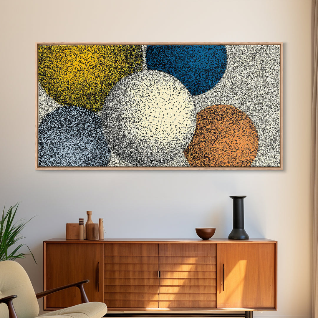Large Dotted Circle Abstract Wall Art, Mid Century Modern Geometric Poster, Blue Orange Spheres Print For Living Room Decor