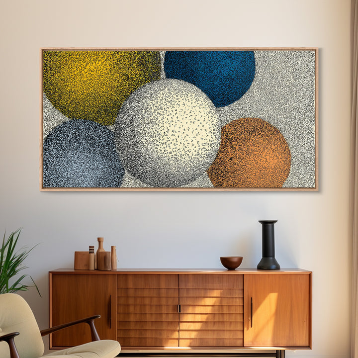 Large Dotted Circle Abstract Wall Art, Mid Century Modern Geometric Poster, Blue Orange Spheres Print For Living Room Decor