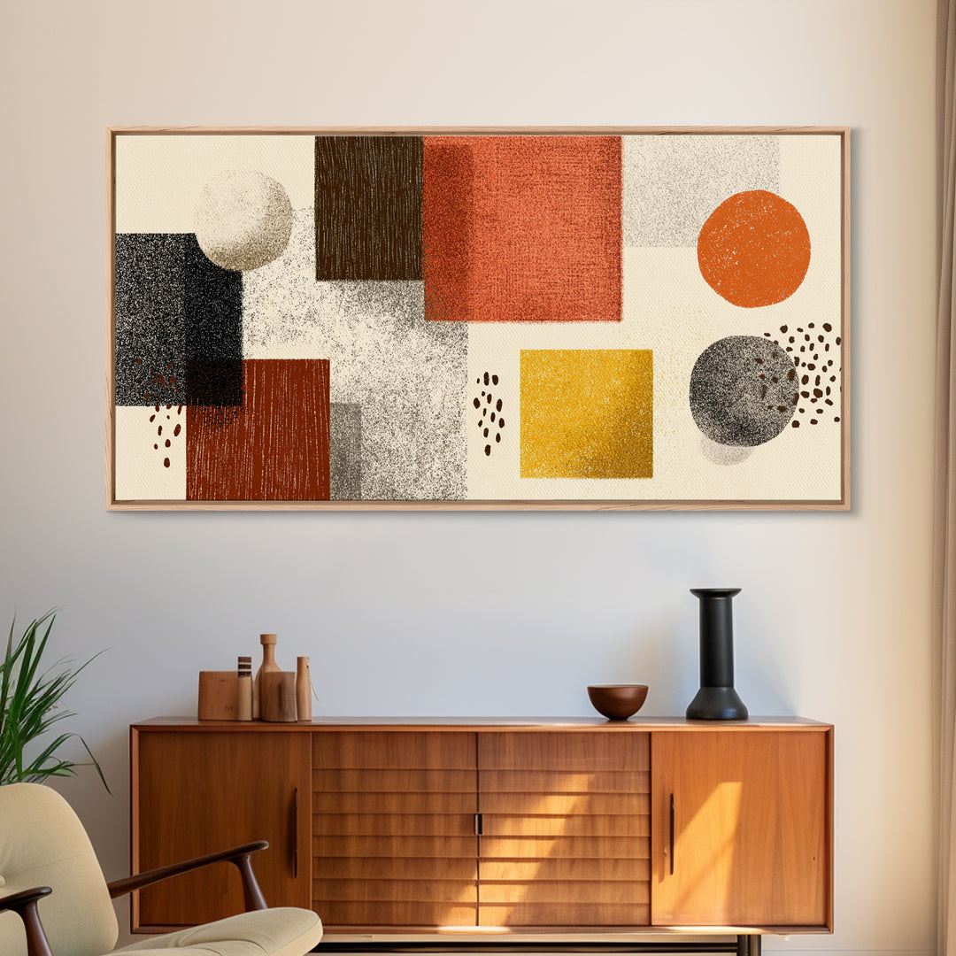 Earth Tone Geometric Shapes Framed Canvas Print, Mid Century Modern Wall Art, Orange Yellow Abstract Decor For Home Office