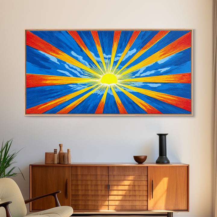 Radiant Sunburst Canvas Print, Blue Orange Yellow Rays Poster, Midcentury Modern Art, Retro Wall Decor, Geometric MCM Print