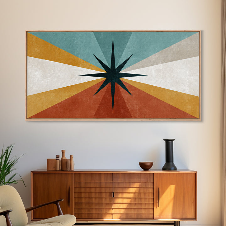 Compass Star Geometric Abstract Wall Art, Mid Century Modern Atomic Poster, Retro MCM Canvas Print, Teal Orange Wall Decor