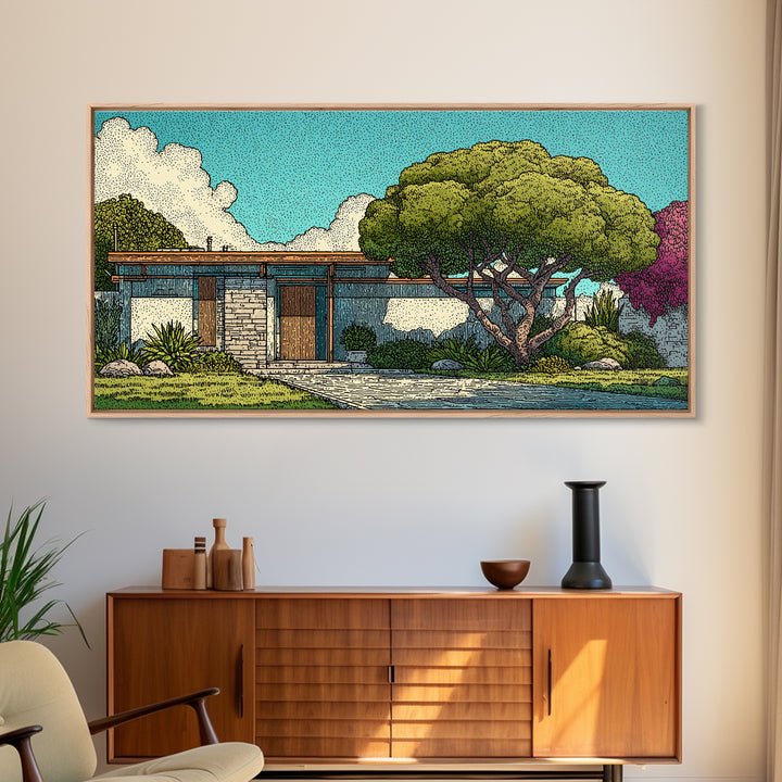 Mid Century Modern House Landscape Wall Art, Retro Architecture Poster, Palm Springs Style Home Decor, Colorful Garden Print