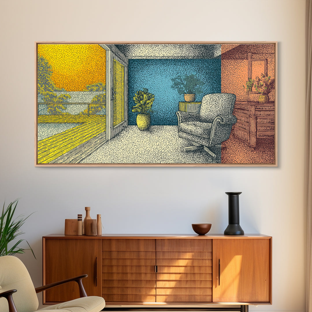 Sunny Midcentury Balcony Interior With Lake View Wall Art, Retro Modern Decor, MCM Living Room Art, Yellow Blue Canvas Print