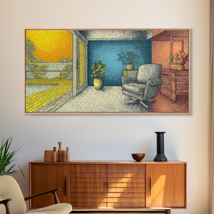 Sunny Midcentury Balcony Interior With Lake View Wall Art, Retro Modern Decor, MCM Living Room Art, Yellow Blue Canvas Print