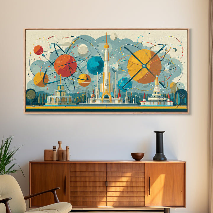Atomic Planets Over Futuristic Fair City Wall Art, Midcentury Modern Art, Retro Space Poster, MCM Decor, Geometric Canvas Print