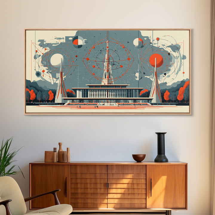 Modernist Atomic Pavilion With Red Orbit Diagrams Wall Art, Midcentury Modern Decor, Bauhaus Poster, Framed Canvas Print