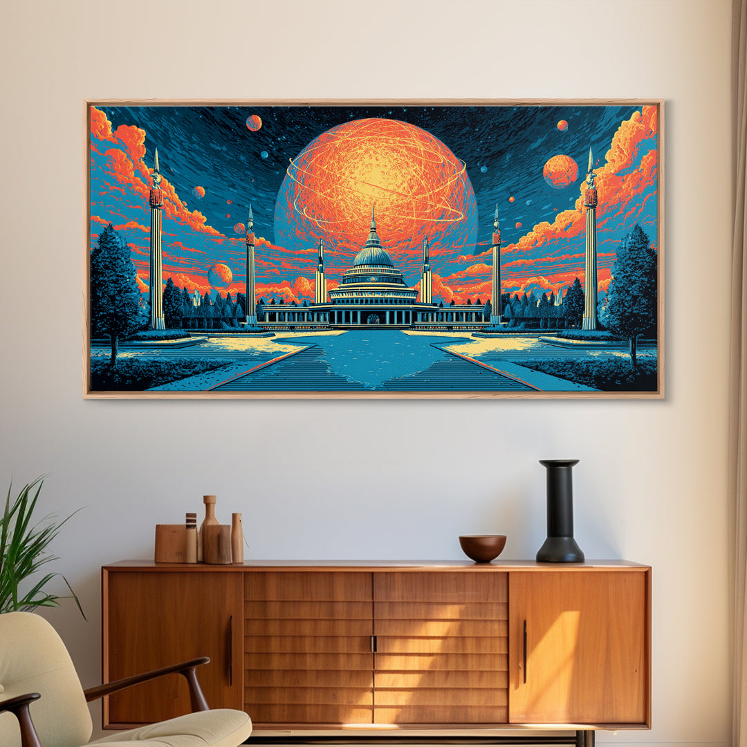 Glowing Orange Planet Over Capitol Skyline Wall Art, Retro Sci Fi Poster, Washington DC Decor, Atomic Midcentury Canvas Print