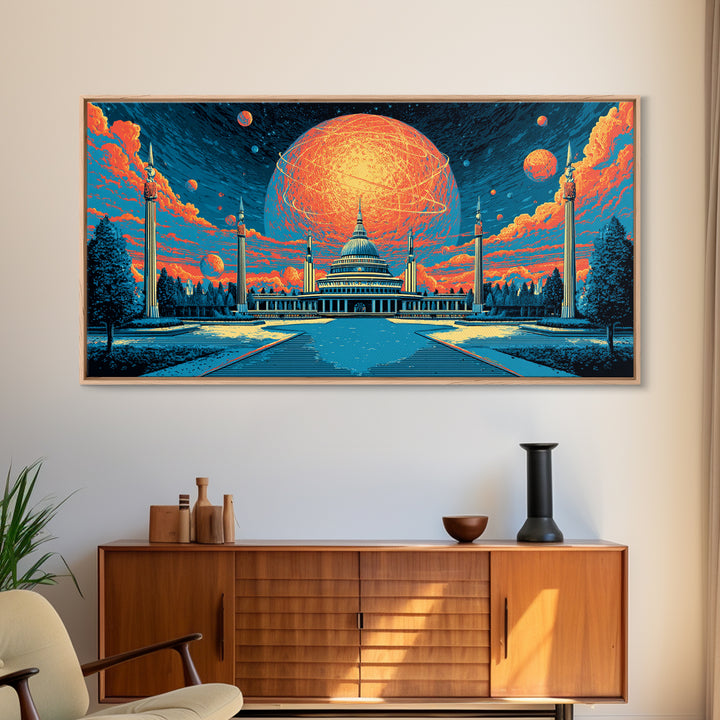 Glowing Orange Planet Over Capitol Skyline Wall Art, Retro Sci Fi Poster, Washington DC Decor, Atomic Midcentury Canvas Print