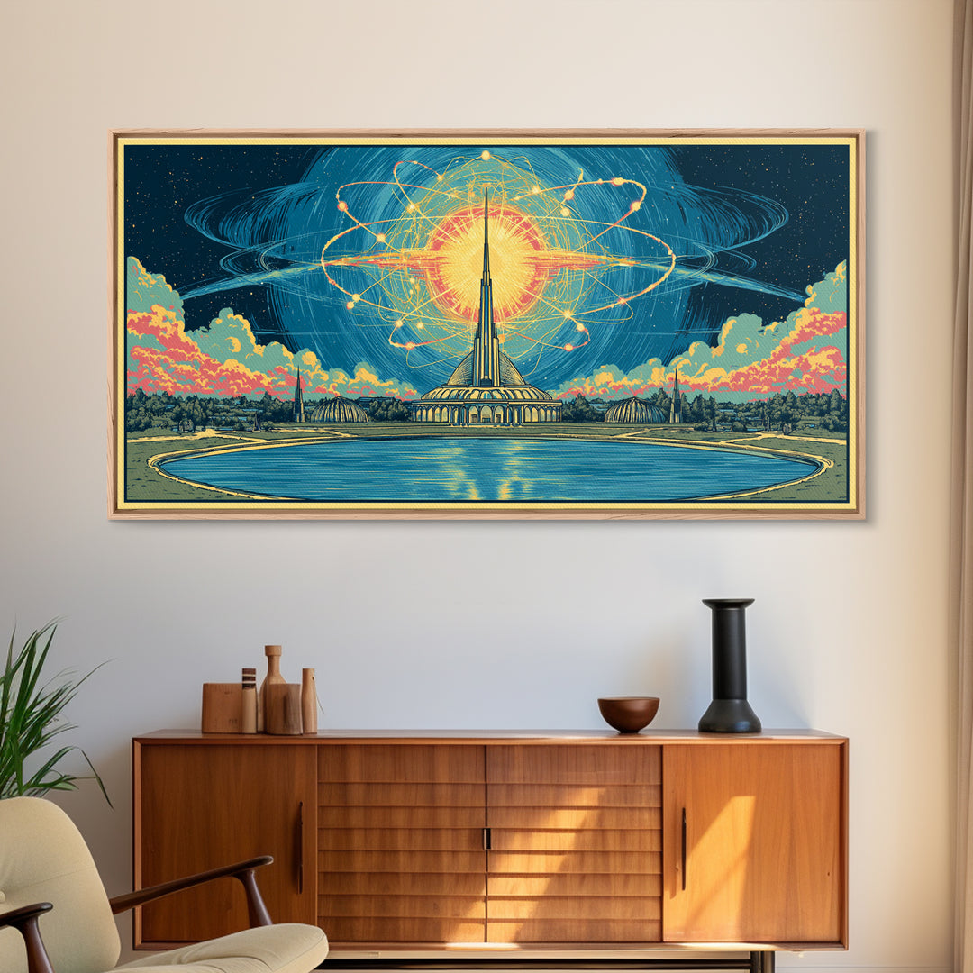 Atomic Sun Above Futuristic Tower And Reflecting Pool Wall Art, Midcentury Modern Decor, Retro Space Framed Canvas Print