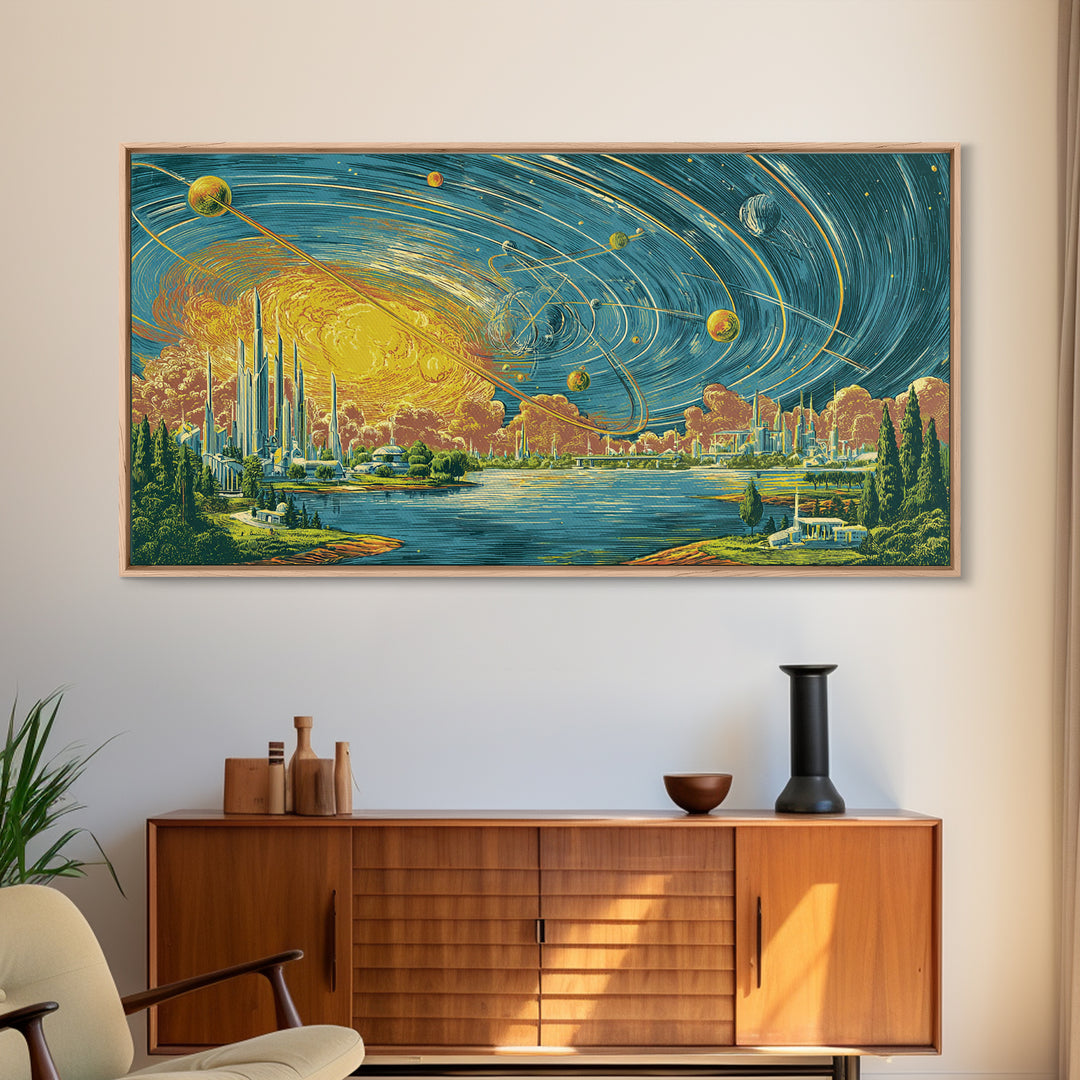 Orbiting Planets Over Futuristic Lake City Wall Art, Retro Modern Art Print, Midcentury Decor, MCM Wall Decor, Atomic Canvas Print