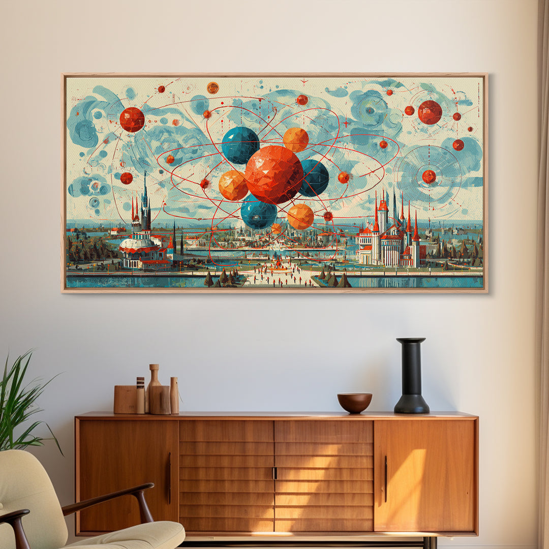 Giant Atomic Spheres Above Worlds Fair City Wall Art, Midcentury Modern Art, Retro Science Poster, MCM Decor, Framed Canvas Print