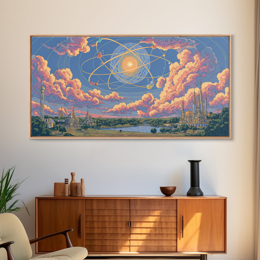Pastel Atomic Sky Over River And Future Cities Wall Art, Retro Modern Decor, Midcentury Art Print, Pink Blue Framed Canvas Print