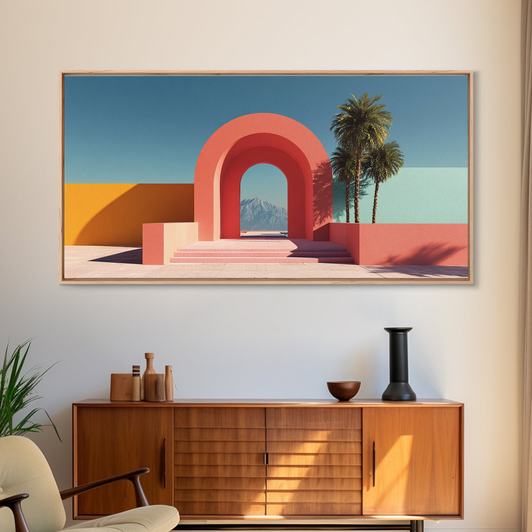 Pink Desert Archway With Palms And Mountain View Wall Art, Midcentury Modern Palm Springs Decor, Retro Landscape Print Poster