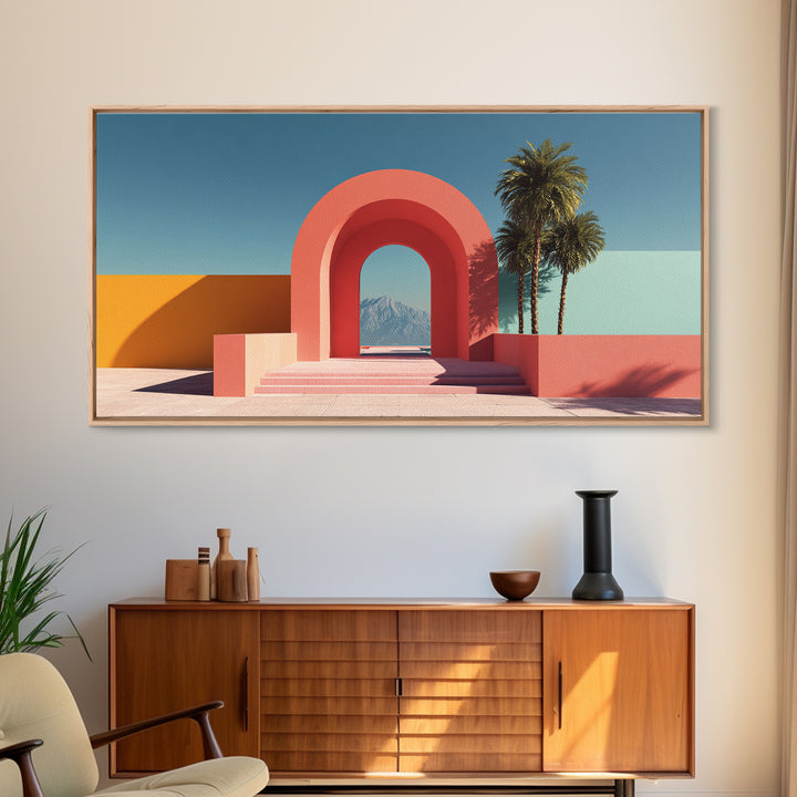 Pink Desert Archway With Palms And Mountain View Wall Art, Midcentury Modern Palm Springs Decor, Retro Landscape Print Poster