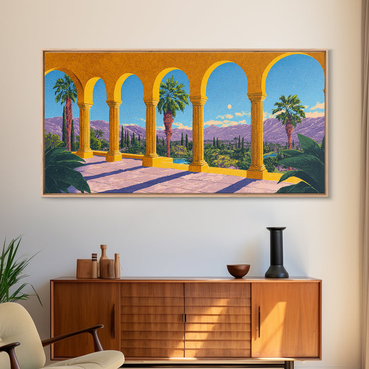 Golden Arcade Arches With Palms And Purple Mountains Wall Art, Midcentury Modern Travel Poster, Retro Palm Springs Decor
