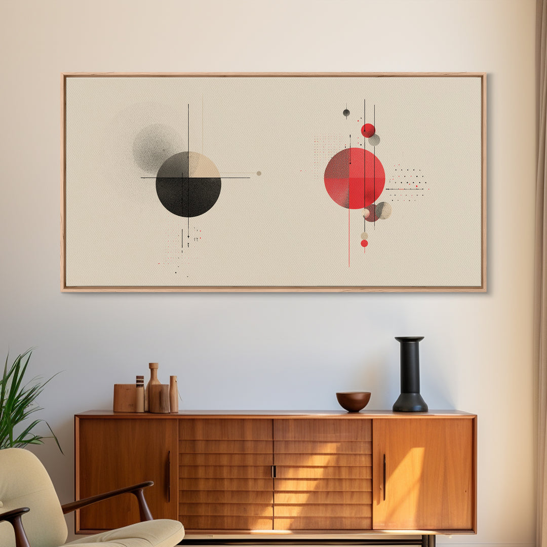 Black Red Geometric Circles And Lines Wall Art, Midcentury Modern Abstract Print, Bauhaus MCM Decor, Living Room Artwork