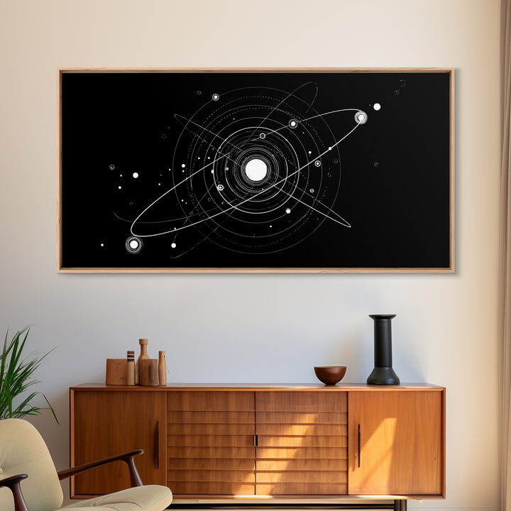 White Orbital Solar System On Black Canvas Print, Space Abstract Art, Atomic Midcentury Decor, Sci Fi Office Wall Decor Print