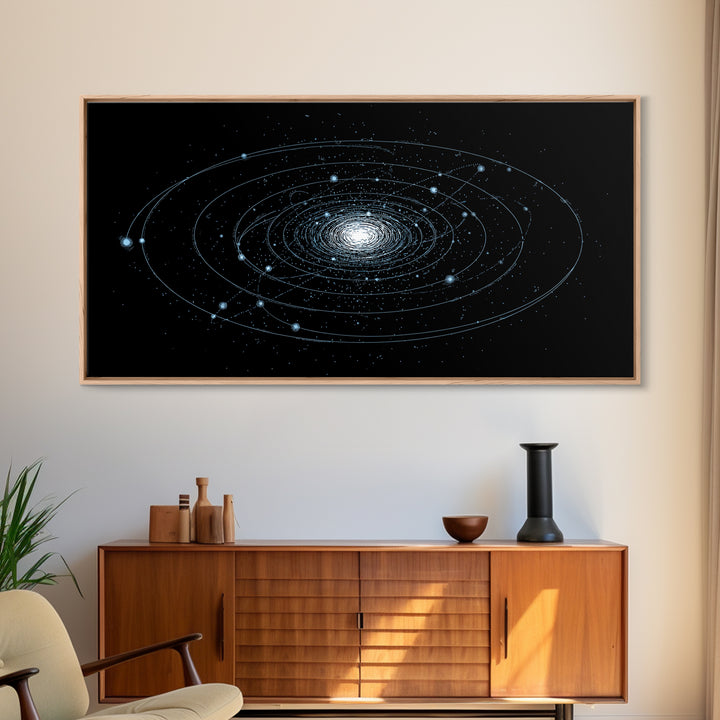 Blue Spiral Galaxy Orbits On Black Canvas Print, Space Abstract Wall Art, Cosmic Modern Decor, Sci Fi Office Poster Print