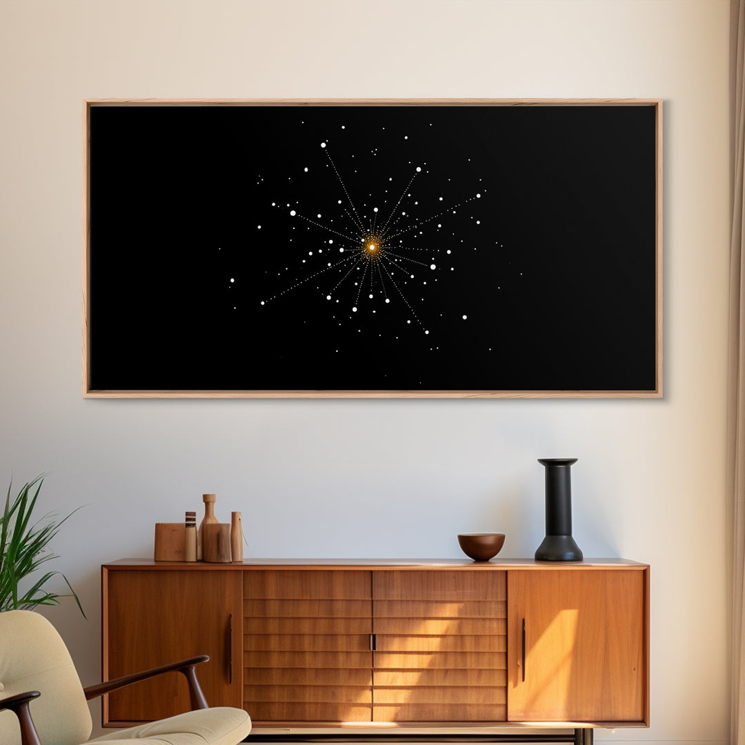 Gold Starburst Constellation On Black Canvas Print, Atomic Space Abstract Art, Midcentury Modern Decor, Office Wall Poster