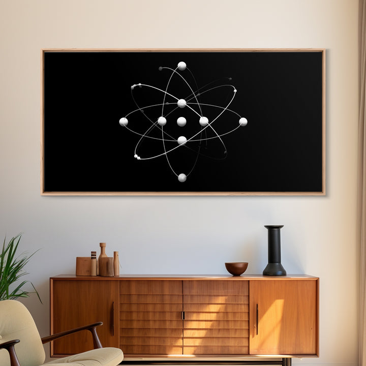 White Atomic Model On Black Canvas Print, Science Space Wall Art, Midcentury Modern Decor, Minimalist Office Poster Print
