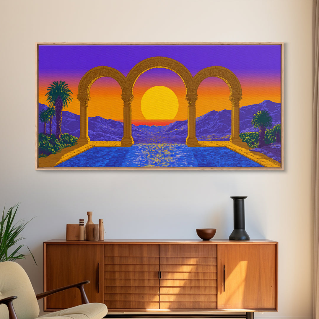 Sunset Arches Over Blue Pool And Mountains Canvas Print, Midcentury Modern Wall Decor, Retro Travel Poster For Living Room