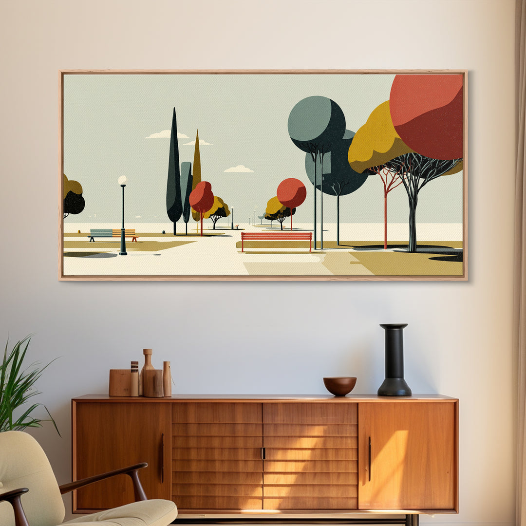 Colorful Park Promenade Canvas Print, Midcentury Modern Wall Art, Retro Landscape Poster, Scenic Home Office Decor Print Gift