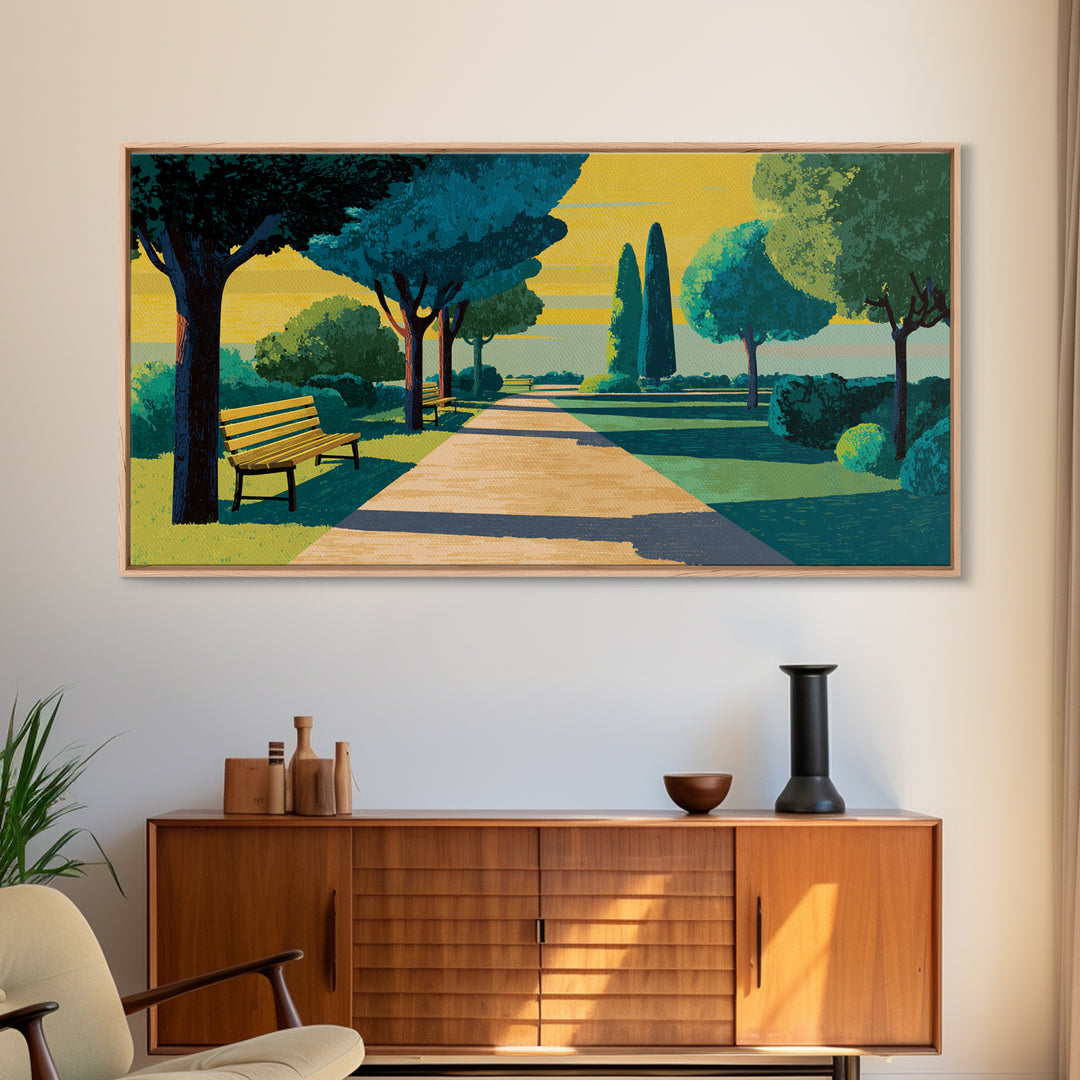 Sunlit Garden Path Framed Canvas Print, Midcentury Modern Wall Art, Scenic Landscape Poster, Green Home Office Decor Gift