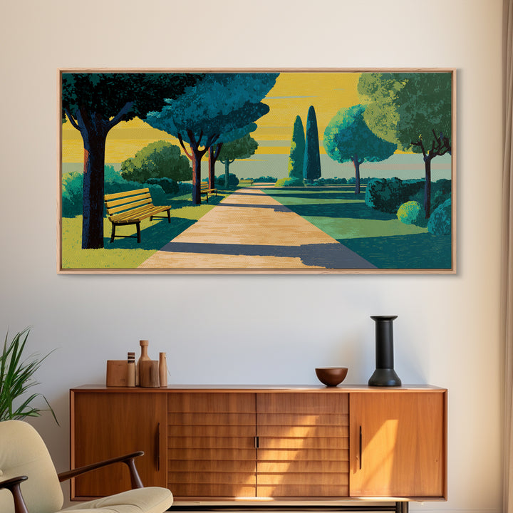 Sunlit Garden Path Framed Canvas Print, Midcentury Modern Wall Art, Scenic Landscape Poster, Green Home Office Decor Gift