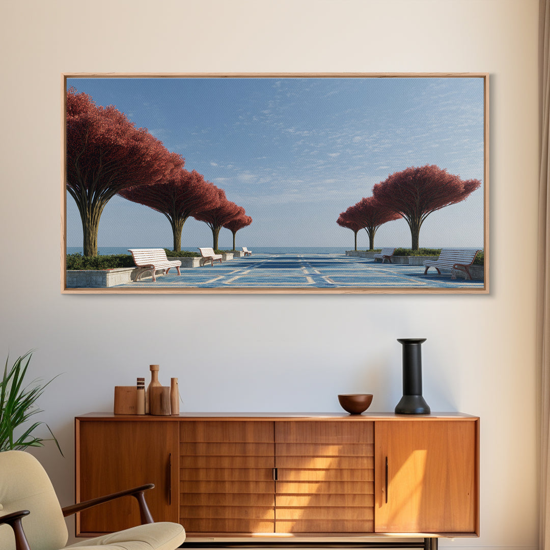 Seaside Promenade With Red Trees Wall Art, Modern Coastal Landscape Print, Midcentury Decor, Blue Ocean Living Room Decor