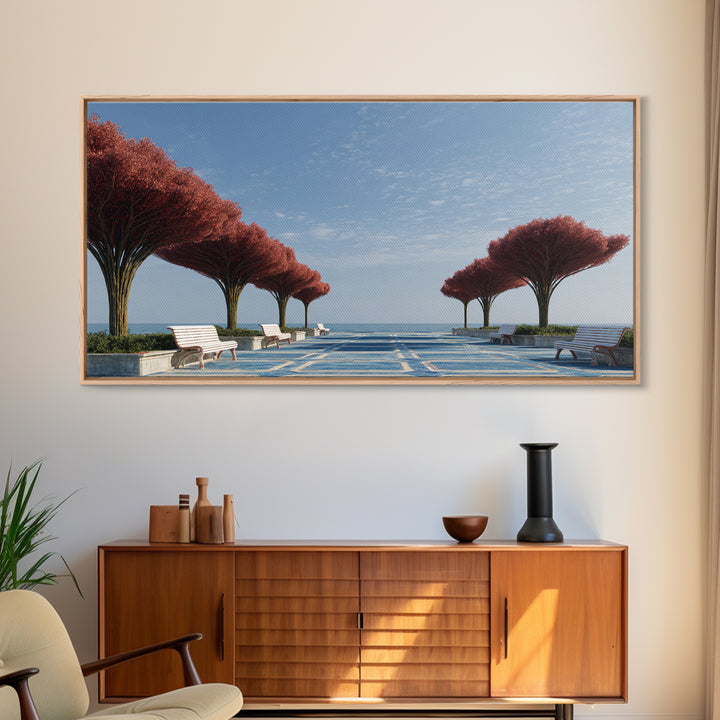 Seaside Promenade With Red Trees Wall Art, Modern Coastal Landscape Print, Midcentury Decor, Blue Ocean Living Room Decor