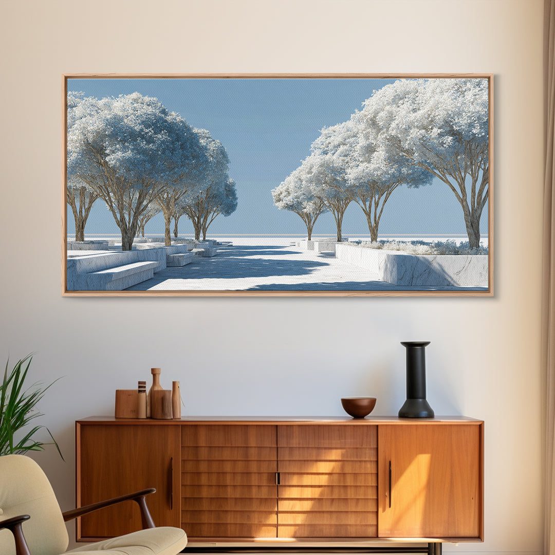 White Winter Tree Promenade Wall Art, Modern Coastal Landscape Print, Minimalist Blue Scenic Decor, Calm Living Room Poster