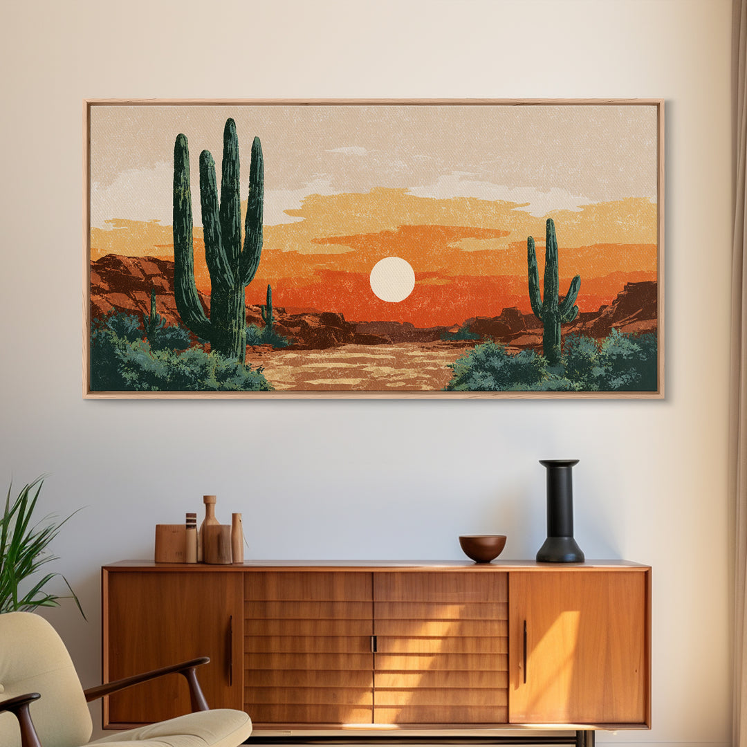 Saguaro Desert Sunset Canvas Print, Midcentury Wall Art, Retro Southwestern Decor, Orange Cactus Landscape Poster Gift For Home
