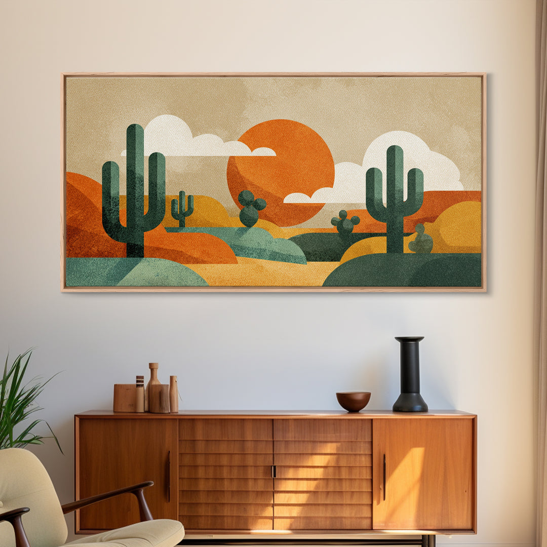 Abstract Cactus Desert Sun Wall Art, Midcentury Modern Print, Retro Orange Southwestern Decor, Geometric Landscape Poster