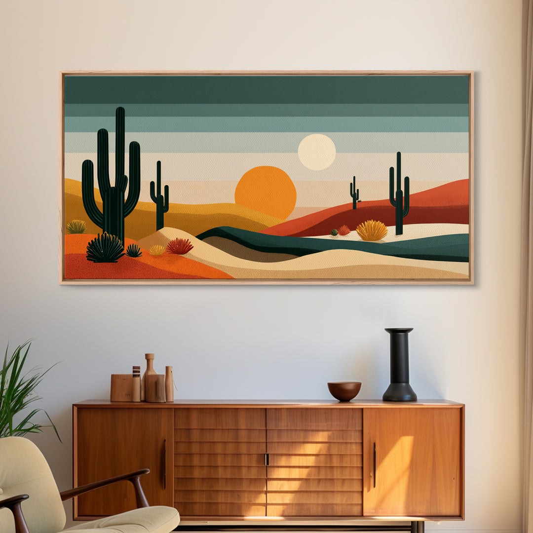 Modern Cactus Dunes Canvas Print, Midcentury Desert Wall Art, Southwestern Landscape Poster, Orange Sun Home Office Decor