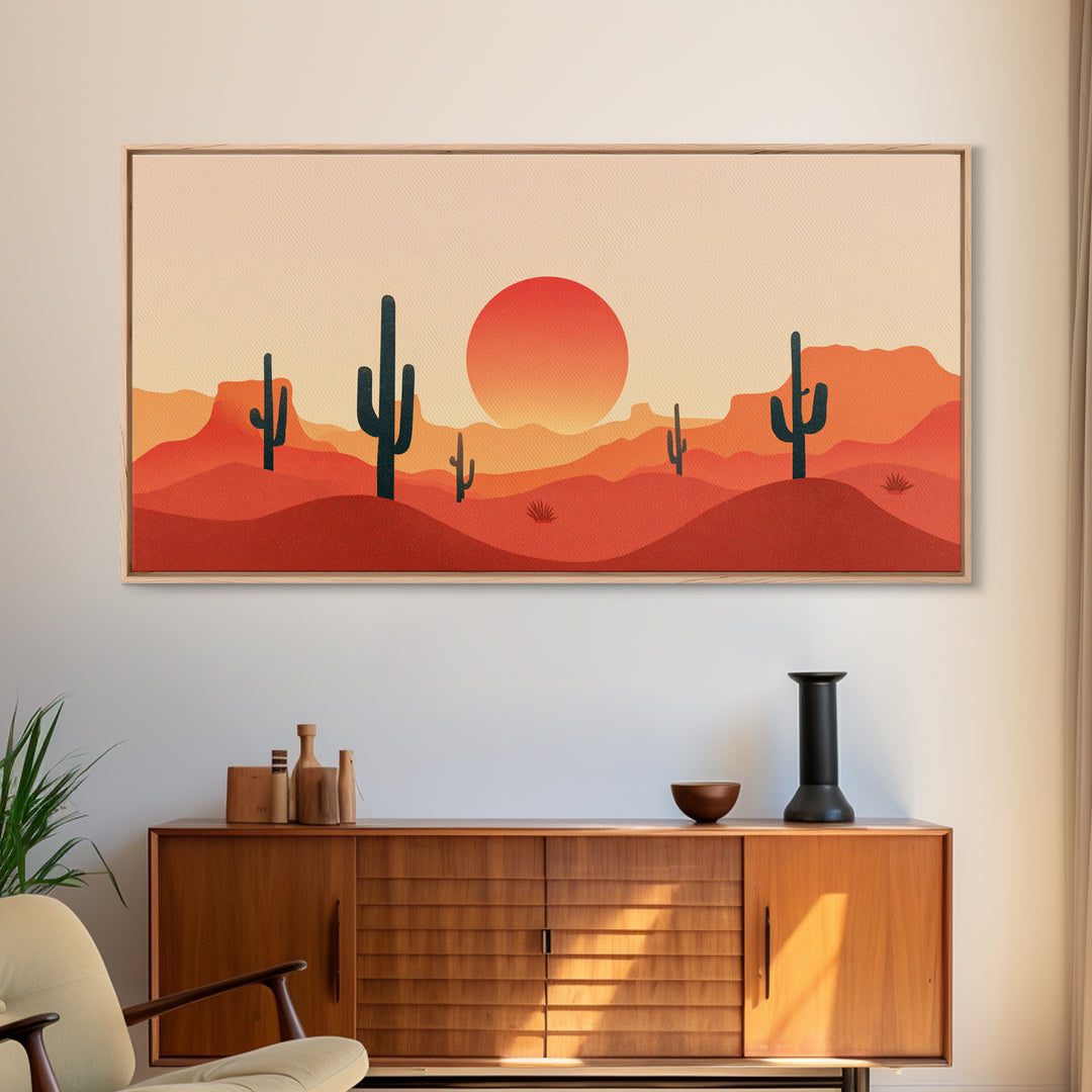 Red Desert Mesas And Cactus Wall Art, Midcentury Modern Sunset Print, Southwestern Landscape Poster, Warm Orange Decor Gift